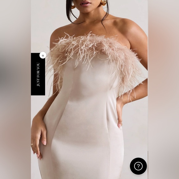 CHAMPAGNE SATIN FEATHER TRIM MIDI DRESS - Picture 3 of 4